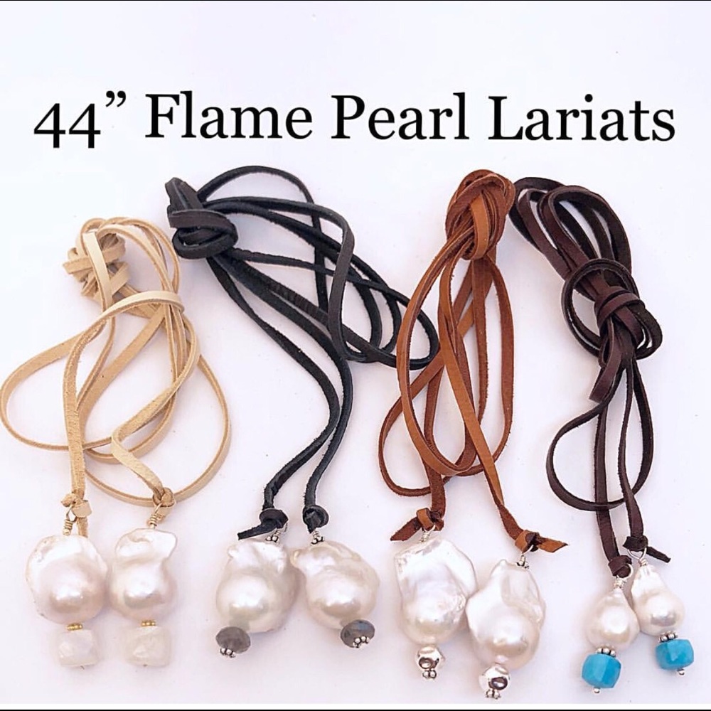 SALE 44”  White Pearl Leather Lariat w/Gemstones